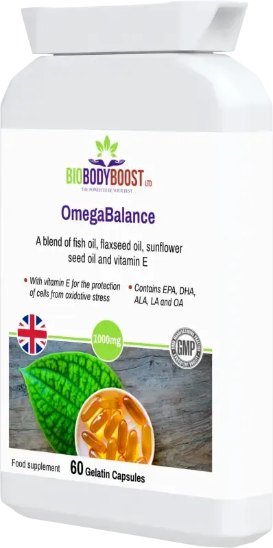 OmegaBalance Omega 3 6 9 angled view — essential fatty acid supplement for cardiovascular and cognitive support, BioBodyBoost UK