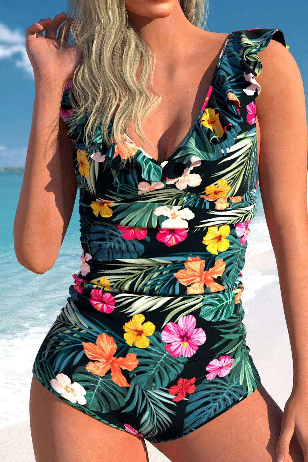 One piece swimsuit - green floral ruffled - s / 85% polyester + 15% elastane - swimsuits