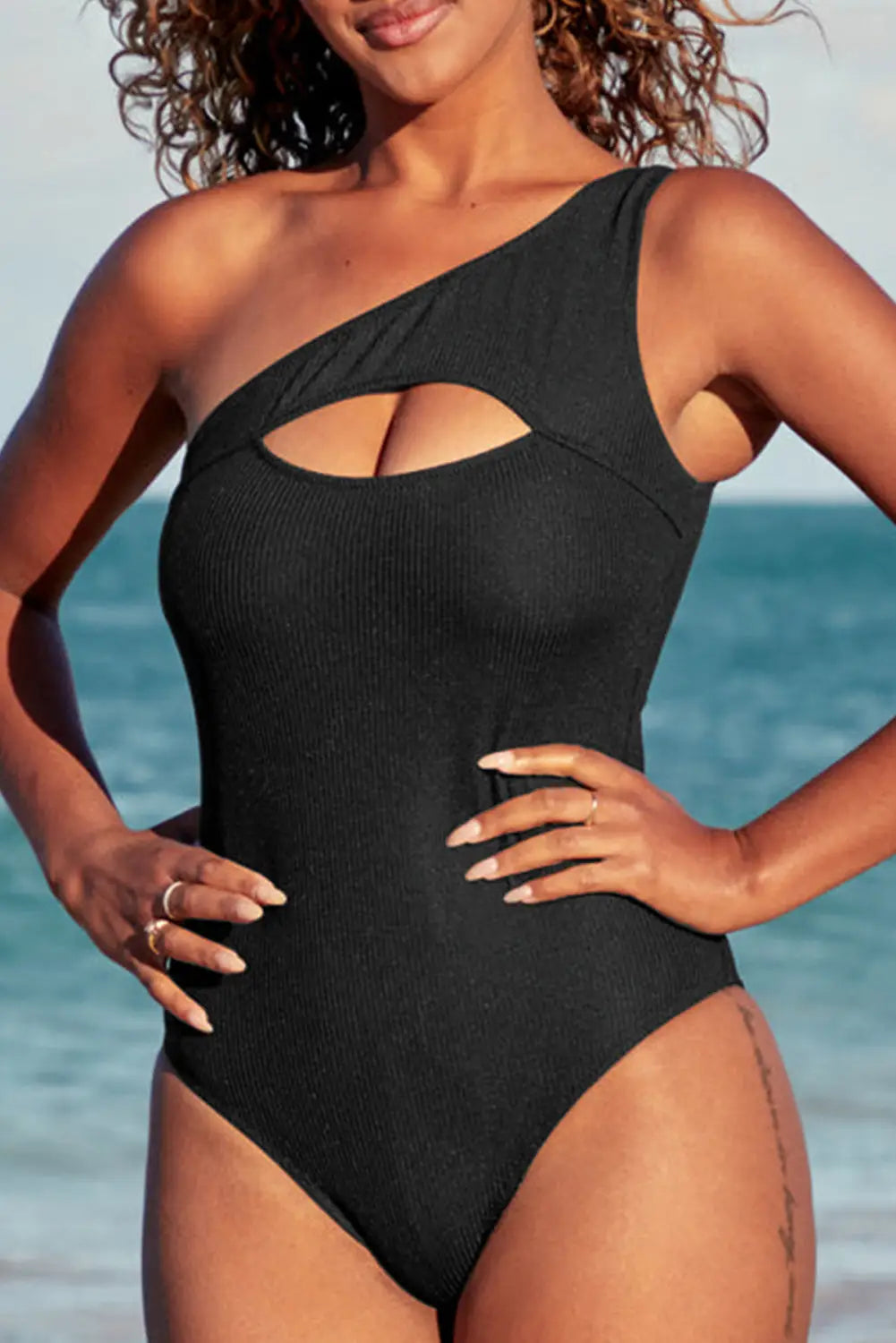 One shoulder hollowed piece swimsuit - black / s / 82% polyamide + 18% elastane - swimwear/one