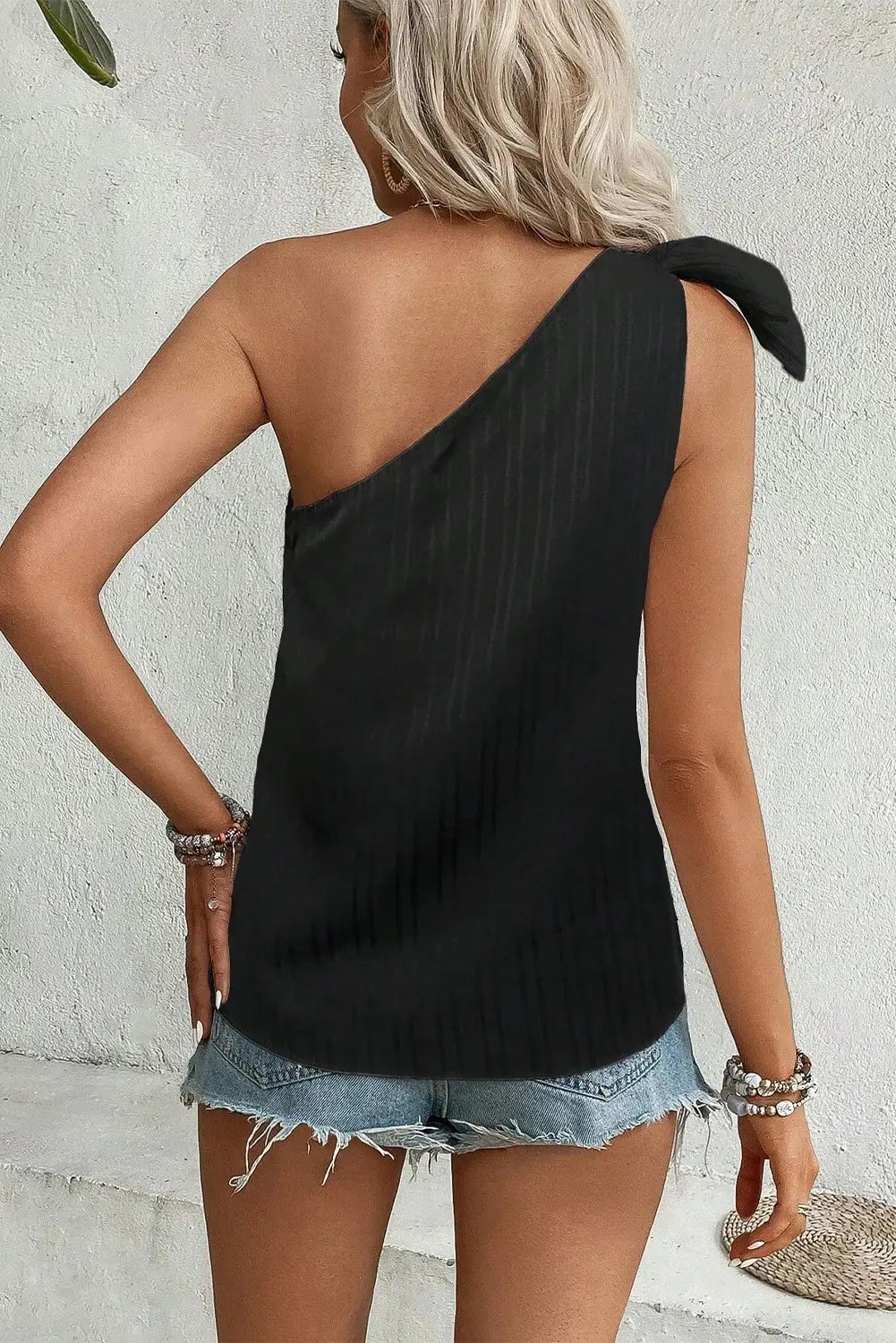 One shoulder tank top - black textured bowknot - tops