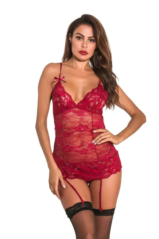 Open back adjustable lace chemise - red / l - sets