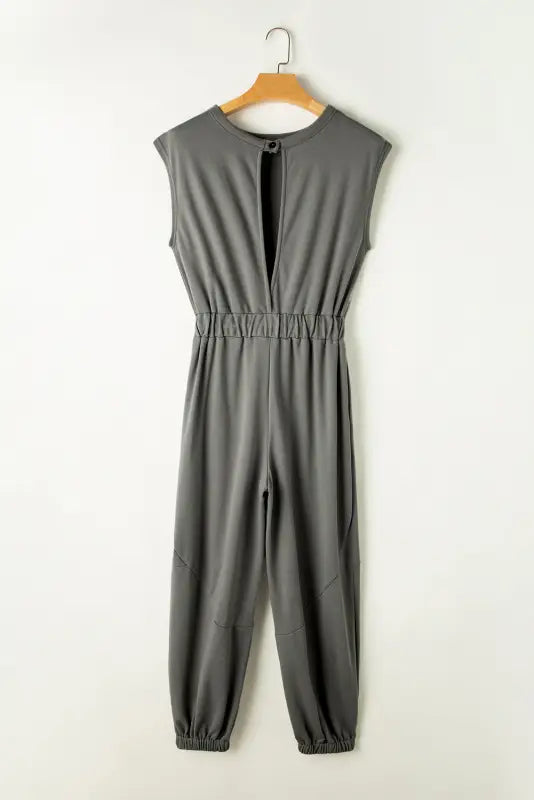 Open back drawstring jogger jumpsuit - gray sleeveless jumpsuit with elastic waist & tapered legs