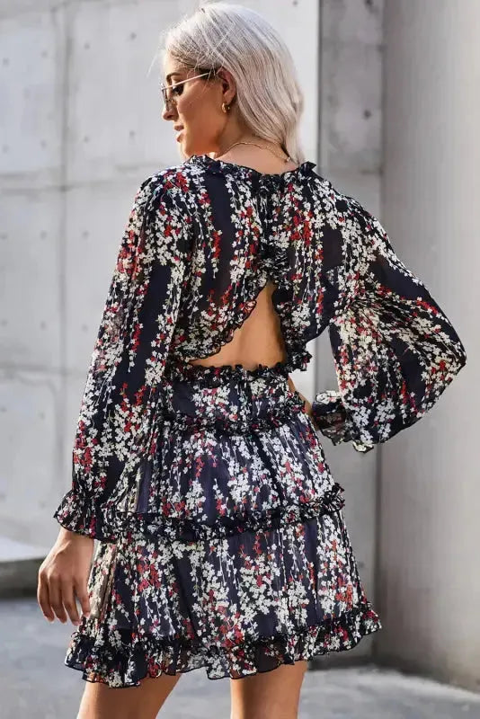Open Back Floral Dress - Ruffle - Fashionfitz