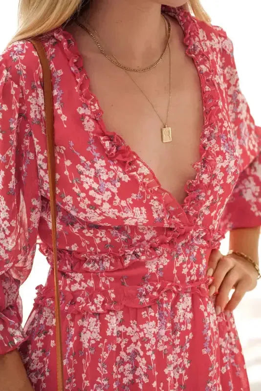 Open Back Floral Dress - Ruffle - Fashionfitz