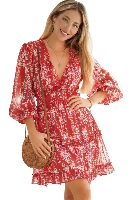 Open Back Floral Dress - Ruffle - Fashionfitz
