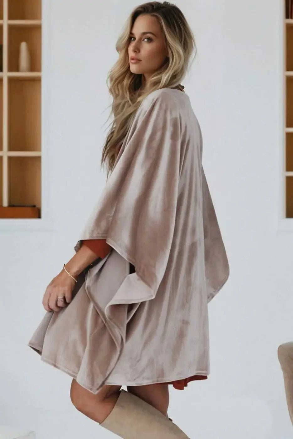 Open front draped velvet kimono - smoke grey effortless glam