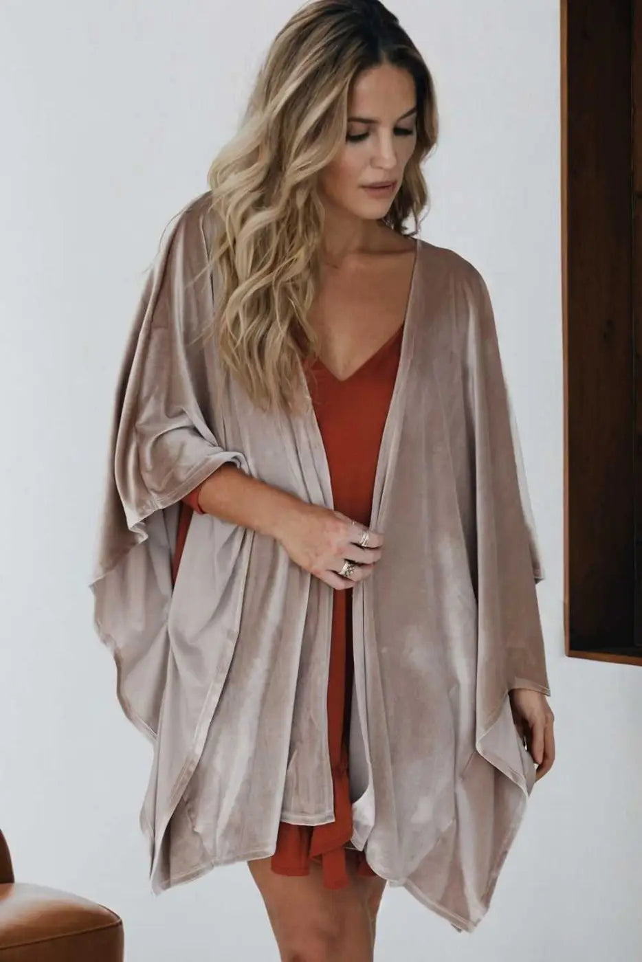 Open front draped velvet kimono - smoke grey effortless glam