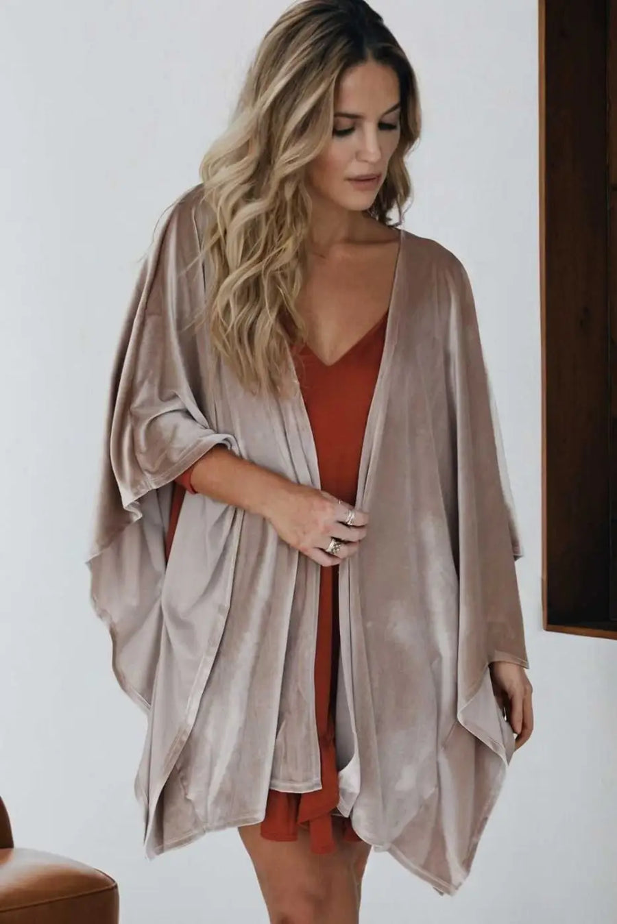 Open front draped velvet kimono - smoke grey effortless glam