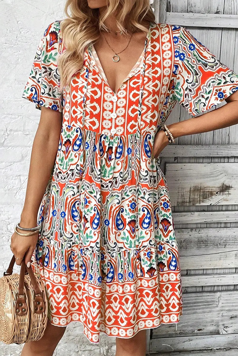 Orange bohemian mini dress - s / 100% polyester - dresses/mini dresses