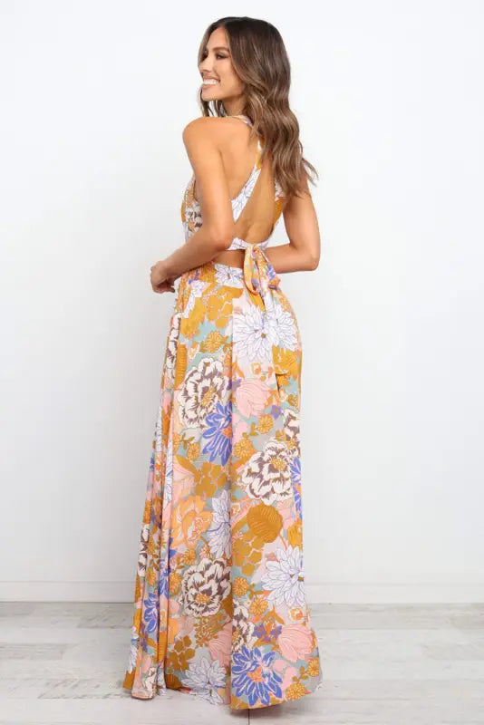 Orange boho floral backless lace up sleeveless maxi dress - dresses/maxi dresses