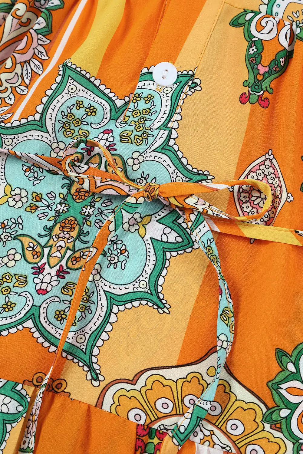 Orange boho geometric print buttoned v neck mini dress - dresses