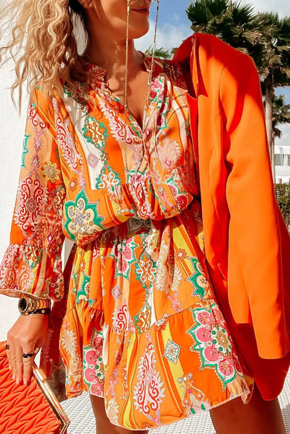 Orange boho geometric print buttoned v neck mini dress - s / 100% polyester - dresses