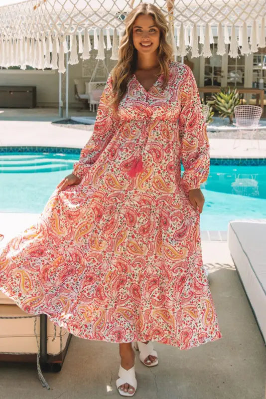 Orange boho holiday paisley print tiered long sleeve maxi dress - dresses