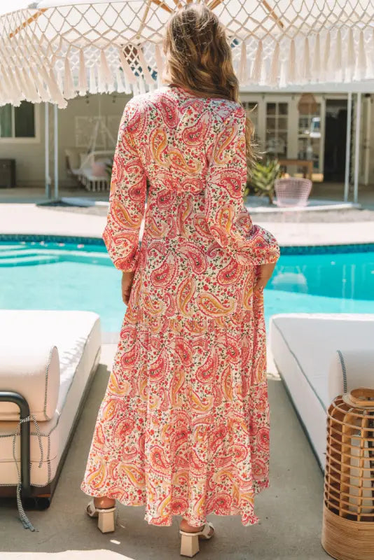 Orange boho holiday paisley print tiered long sleeve maxi dress - dresses