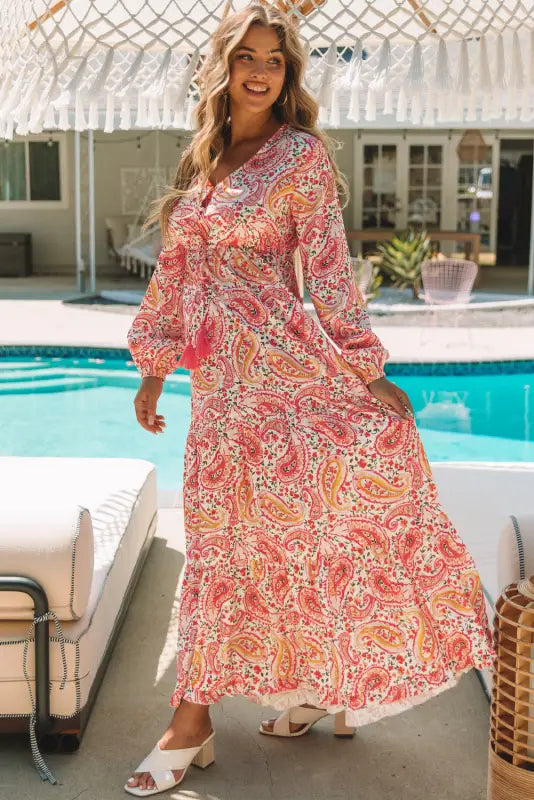 Orange boho holiday paisley print tiered long sleeve maxi dress - dresses