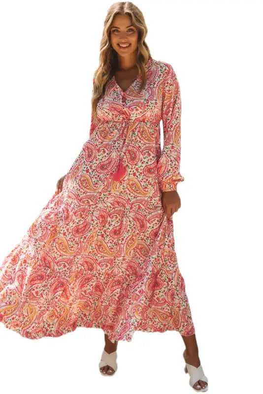 Orange boho holiday paisley print tiered long sleeve maxi dress - dresses