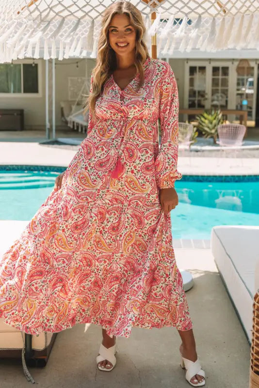 Orange boho holiday paisley print tiered long sleeve maxi dress - s / 100% polyester - dresses