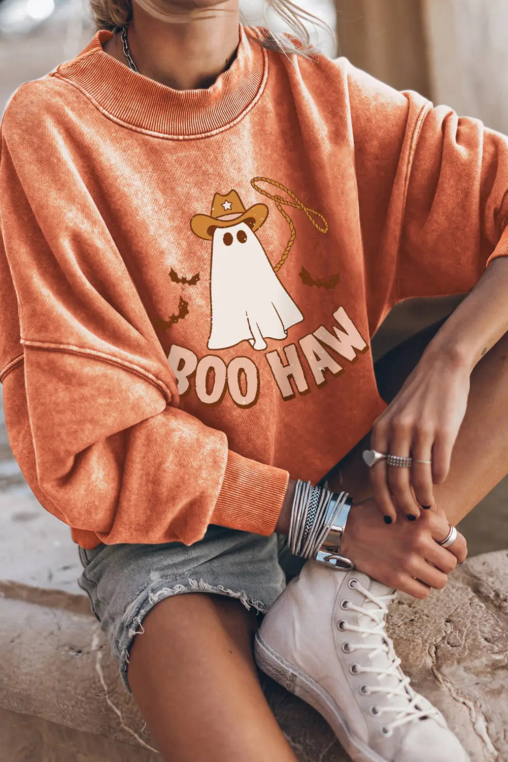 Orange boo haw ghost halloween print drop sleeve sweatshirt - graphic sweatshirts
