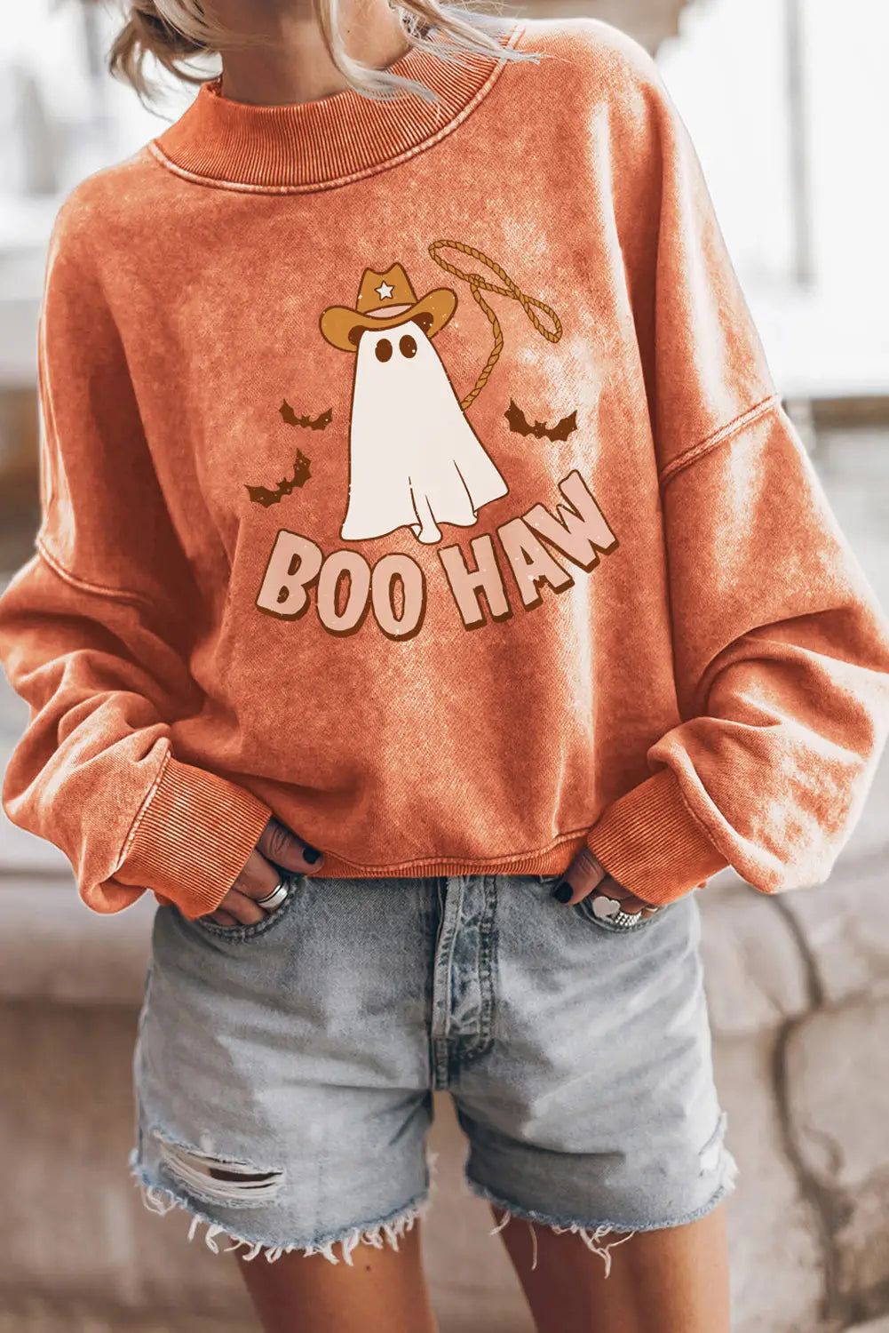 Orange boo haw ghost halloween print drop sleeve sweatshirt - s / 75% polyester + 25% cotton - graphic sweatshirts