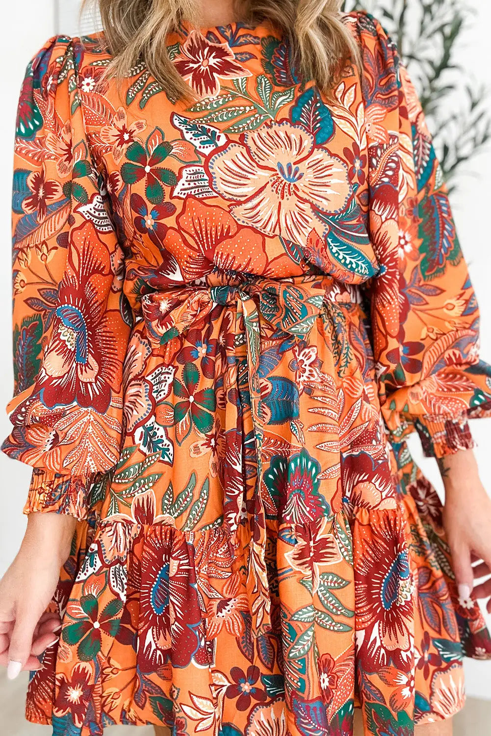Orange bubble sleeve belted floral dress - dresses