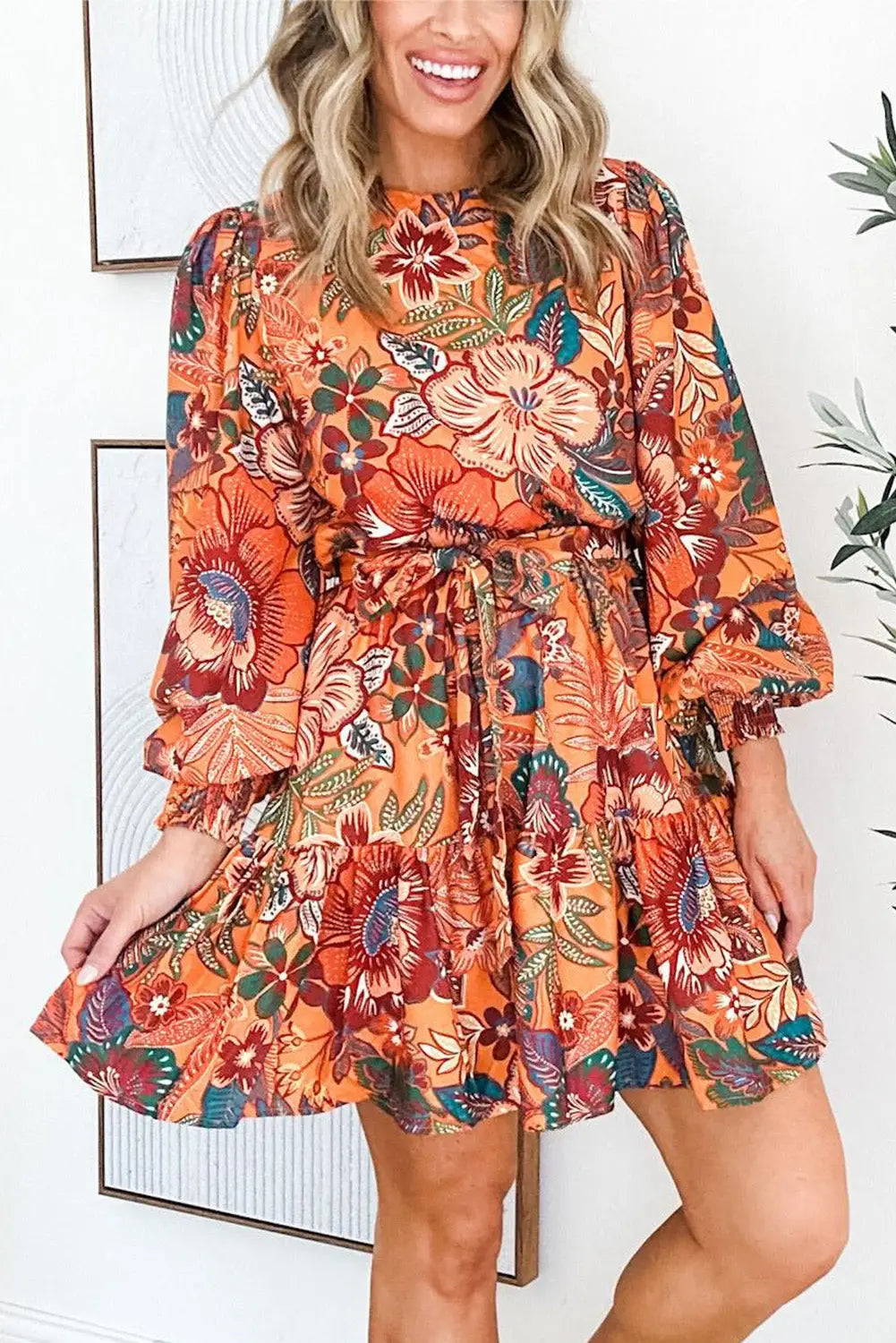 Orange bubble sleeve belted floral dress - l / 100% polyester - dresses
