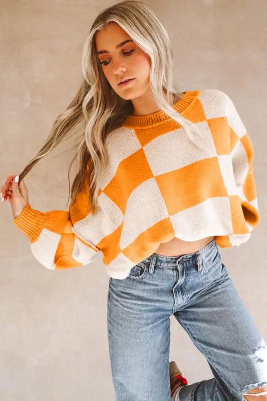 Orange checkered bishop sleeve sweater | fashionfitz