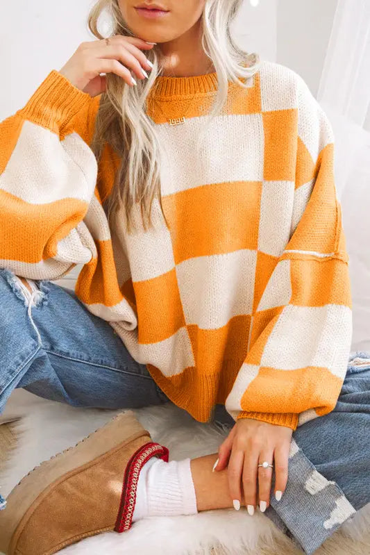 Orange checkered bishop sleeve sweater | fashionfitz