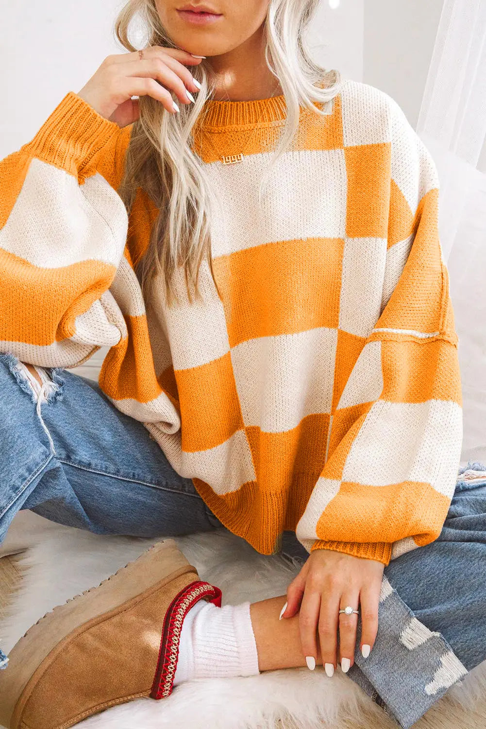Orange checkered bishop sleeve sweater - grapefruit / s / 100% acrylic - sweaters & cardigans