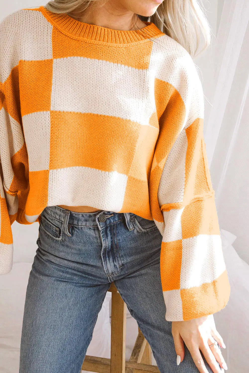 Orange checkered bishop sleeve sweater - sweaters & cardigans