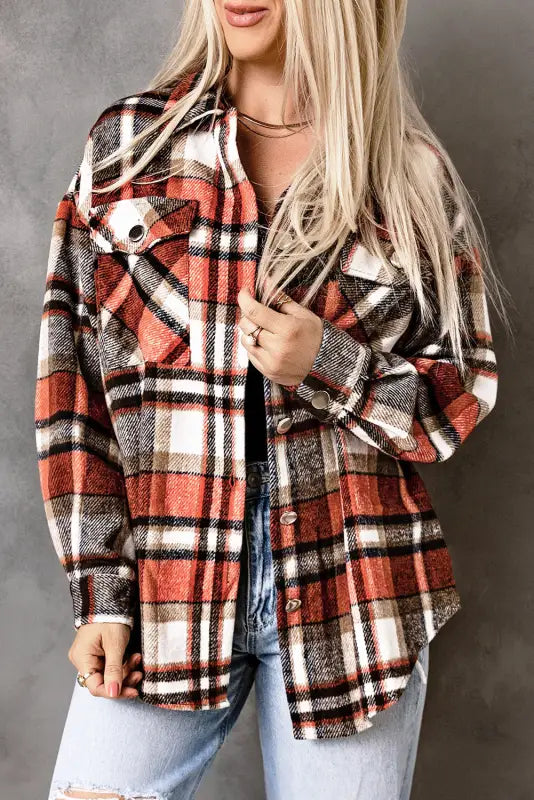 Orange chest pockets flannel plaid shacket - shackets