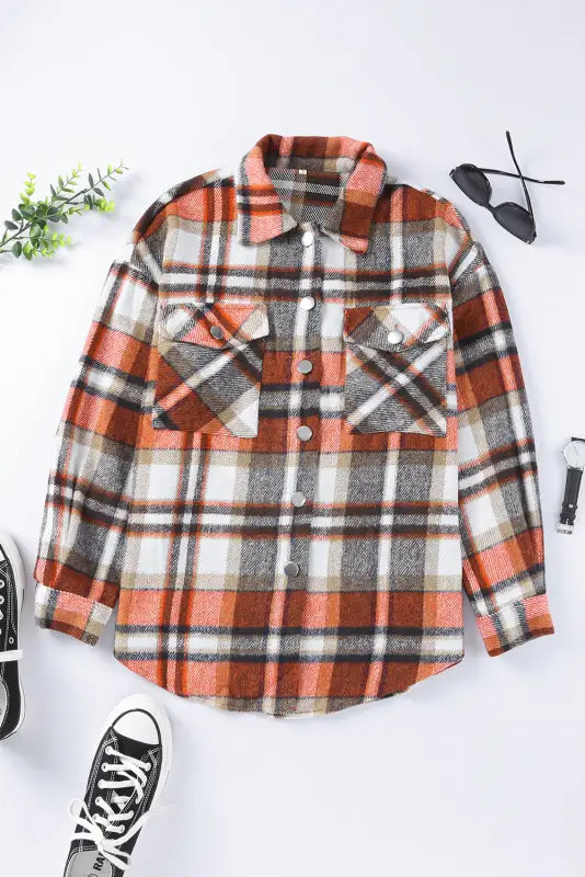 Orange chest pockets flannel plaid shacket - shackets