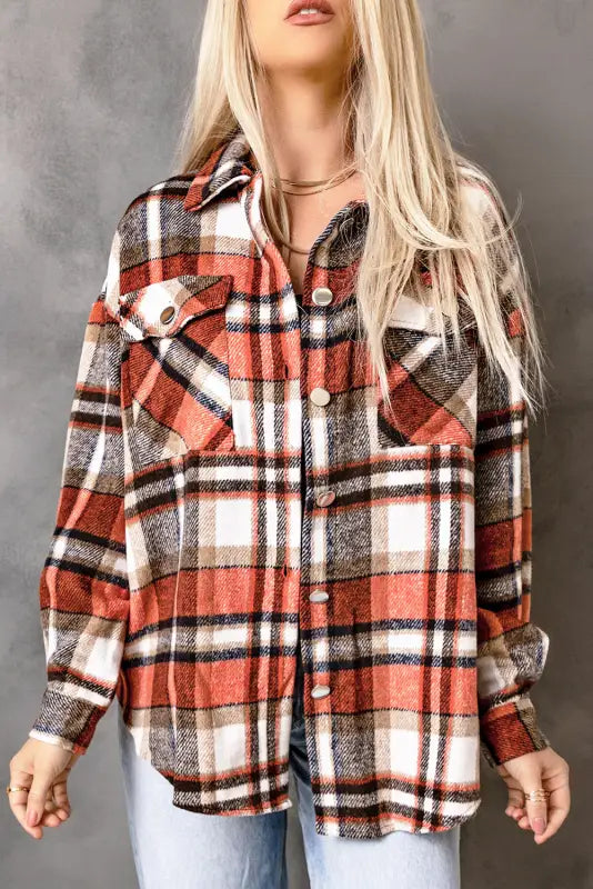 Orange chest pockets flannel plaid shacket - shackets