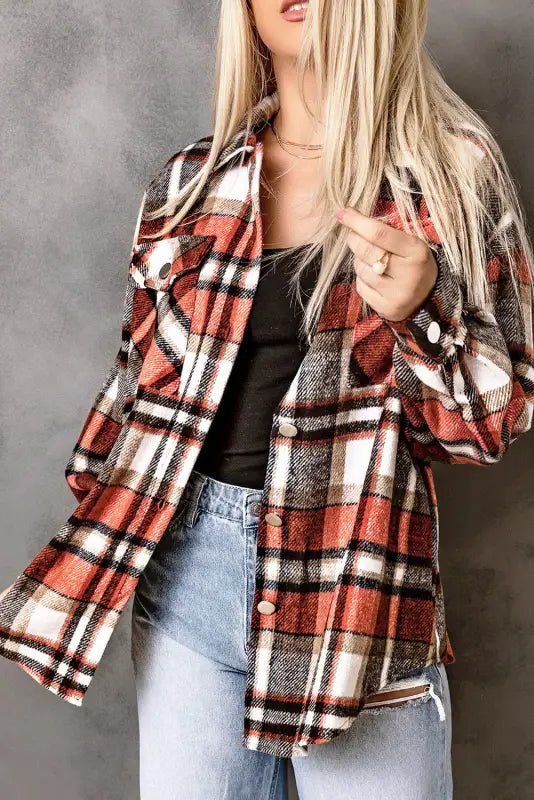 Orange chest pockets flannel plaid shacket - shackets