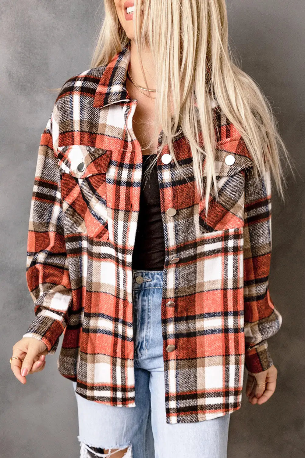 Orange chest pockets flannel plaid shacket - s / 100% polyester - shackets