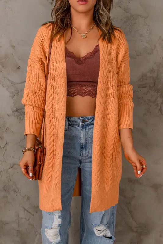 Orange chunky knit open front cardigan - sweaters & cardigans