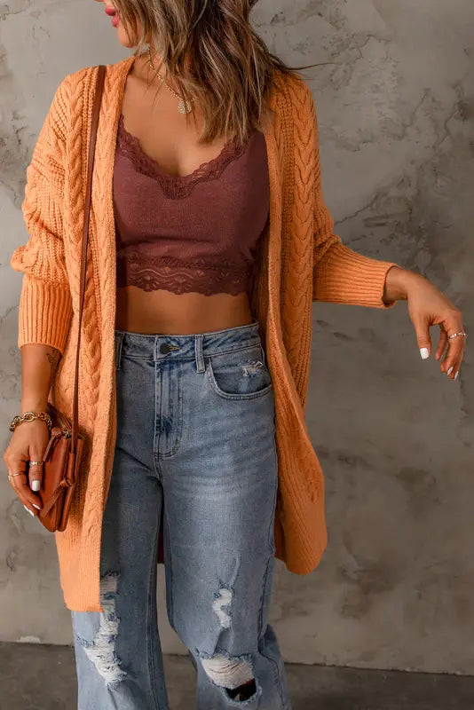 Orange chunky knit open front cardigan - sweaters & cardigans