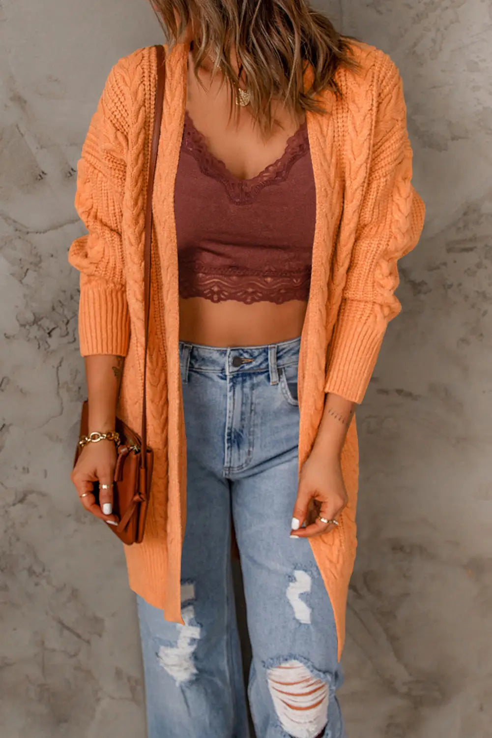 Orange chunky knit open front cardigan - sweaters & cardigans