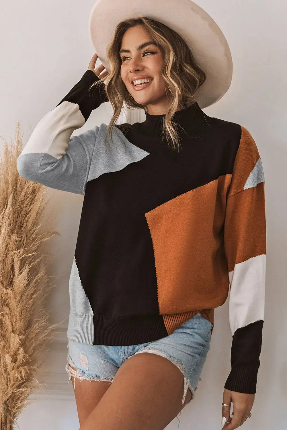Orange color block mock neck drop shoulder knit sweater - s / 50% viscose + 28% polyester + 22% polyamide - sweaters &