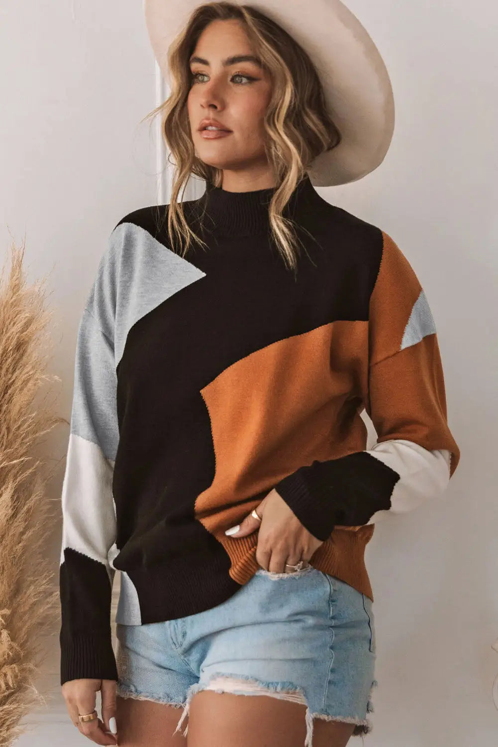Orange color block mock neck drop shoulder knit sweater - sweaters & cardigans