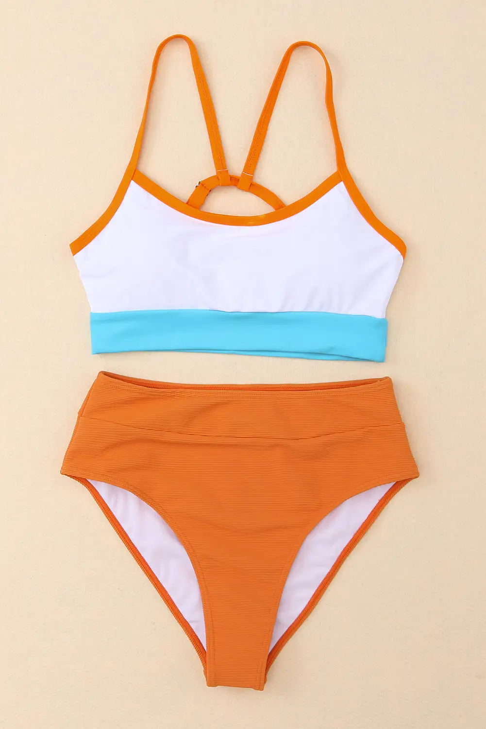 Orange color block spaghetti strap high waist bikini swimsuit - swimsuits