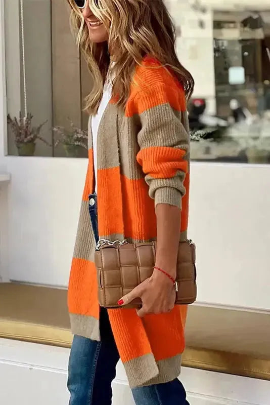 Orange Colorblock Ribbed Knit Cardigan - Fashionfitz