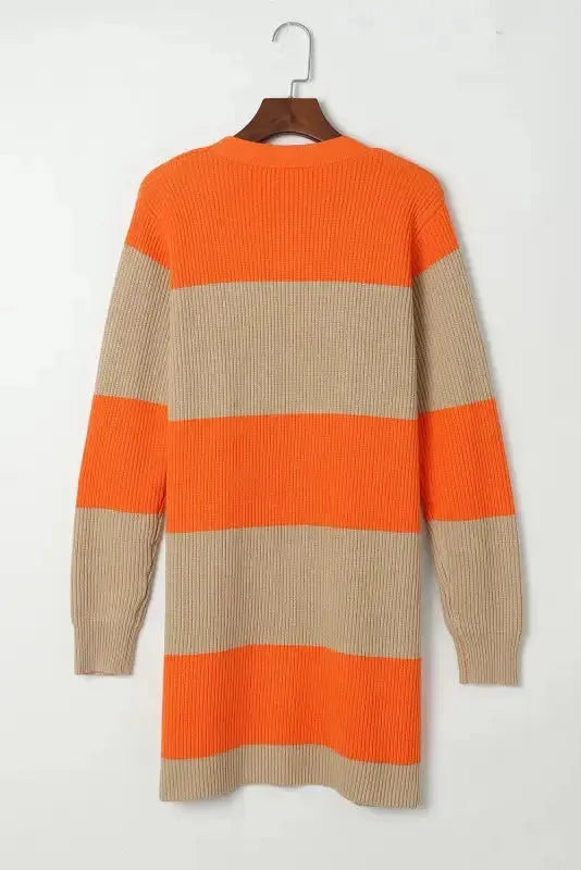 Orange Colorblock Ribbed Knit Cardigan - Fashionfitz