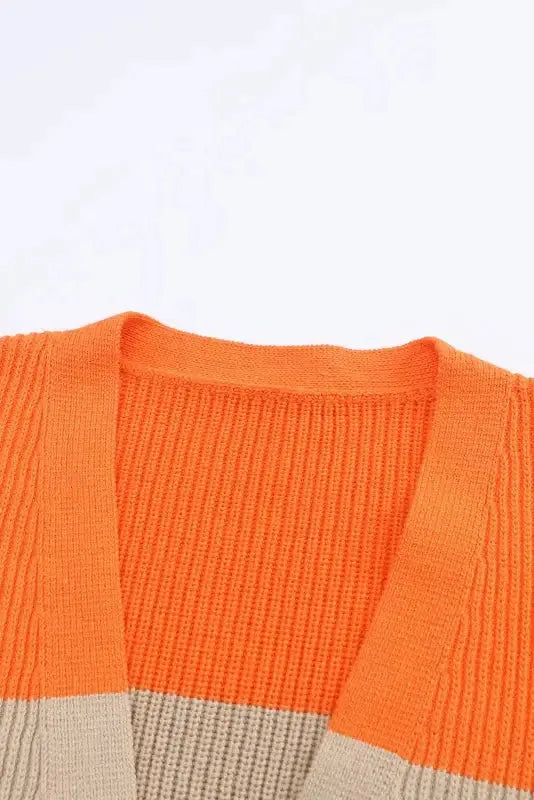 Orange Colorblock Ribbed Knit Cardigan - Fashionfitz