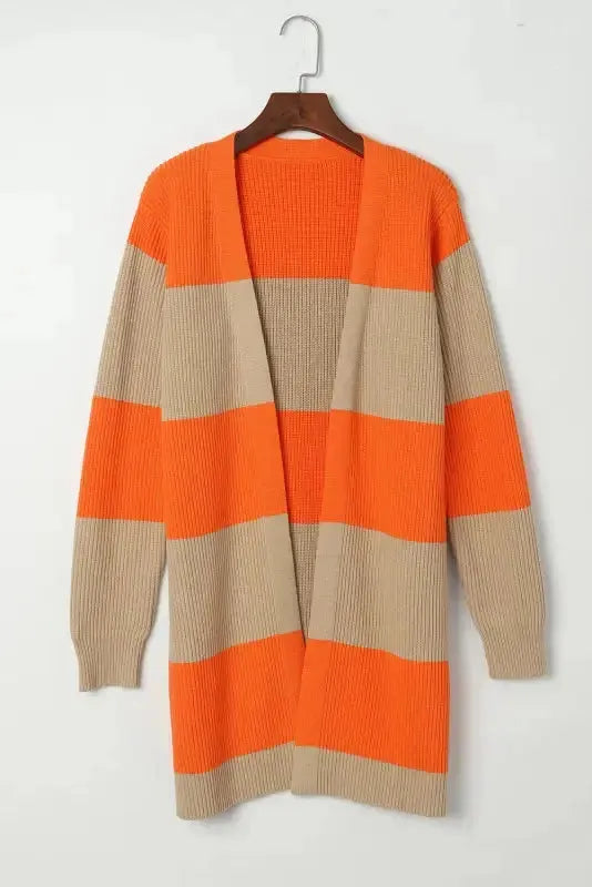 Orange Colorblock Ribbed Knit Cardigan - Fashionfitz