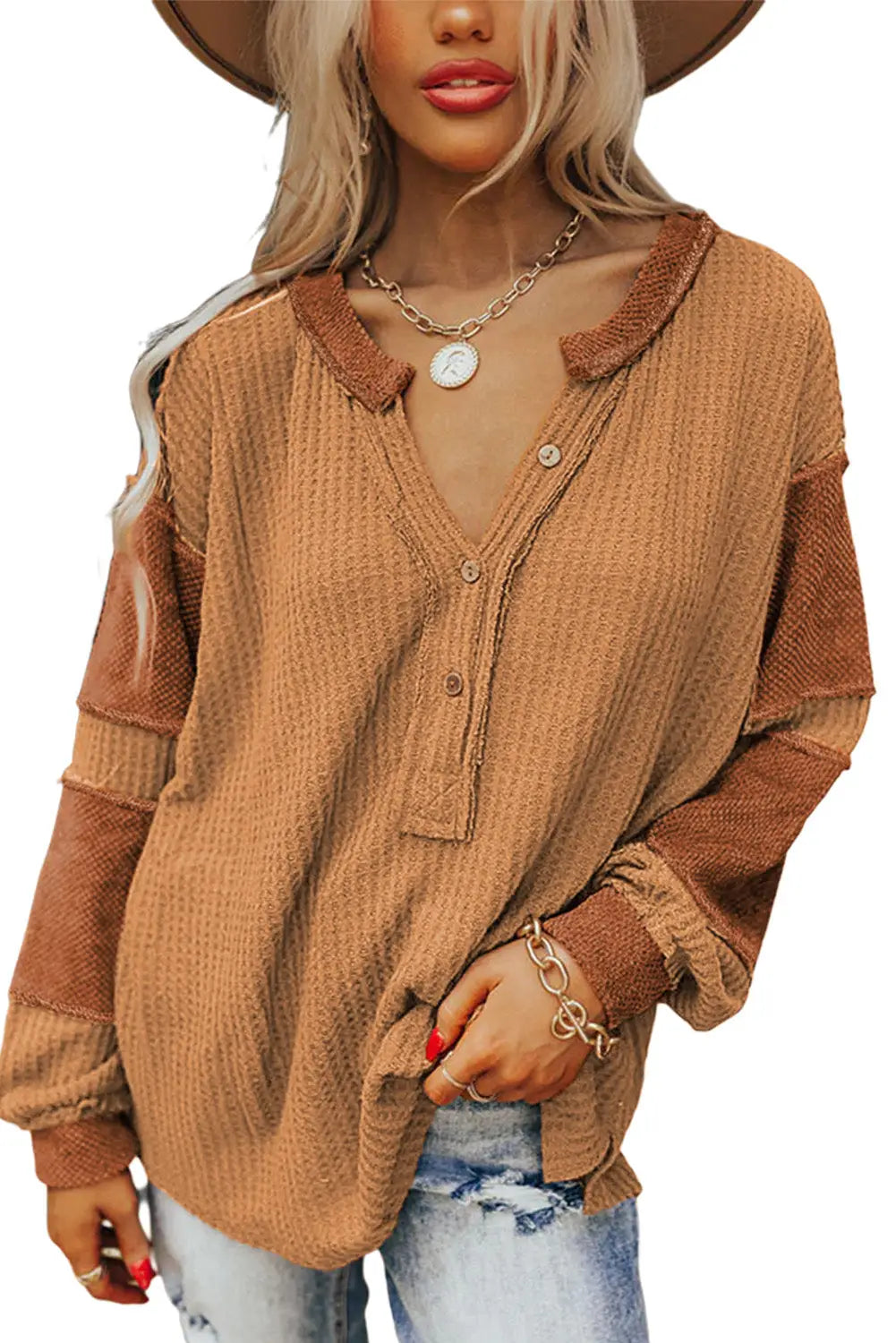 Orange contrast patched exposed seam waffle knit henley top - long sleeve tops