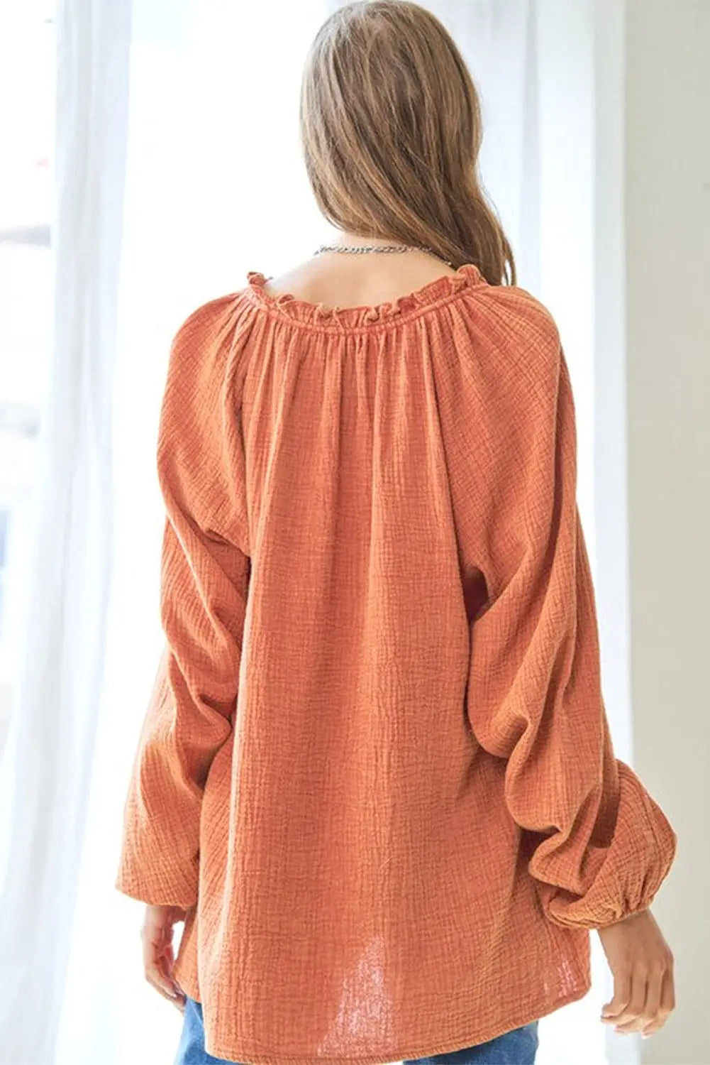 Orange crinkle textured frill split neck puff sleeve blouse - blouses & shirts