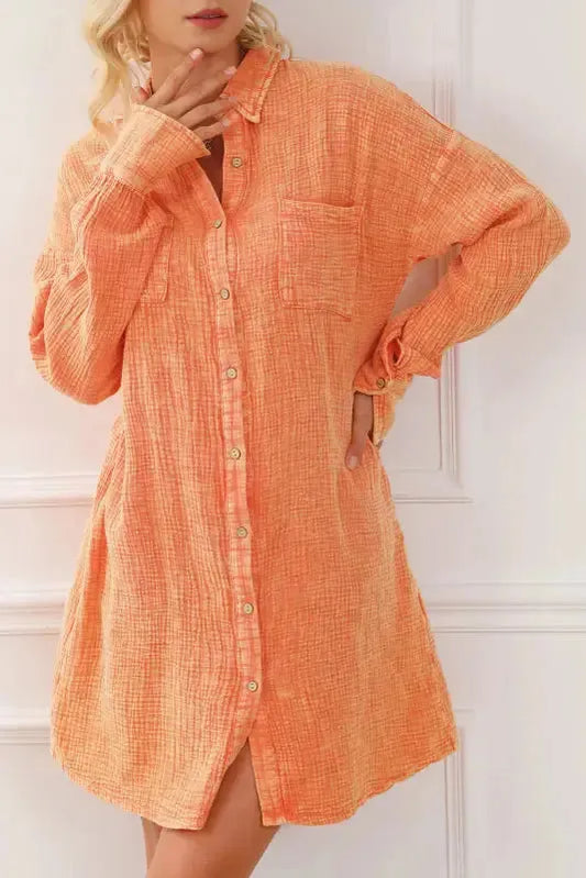 Orange Crinkled Dual Chest Pocket Oversized Shirt Dress - Fashionfitz