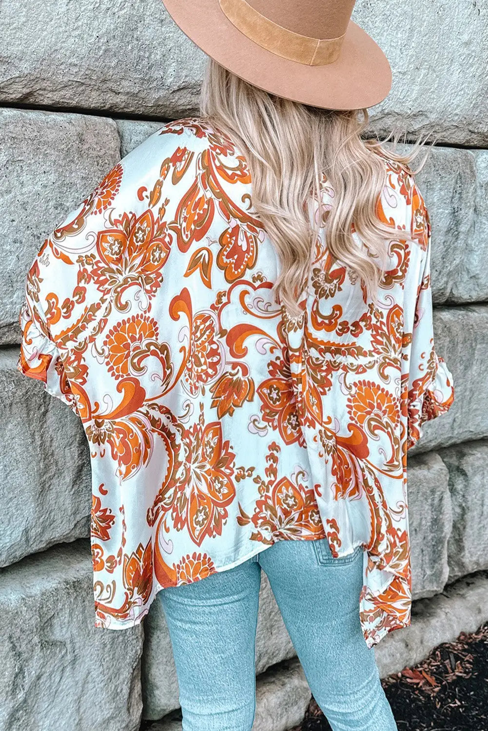 Orange draped paisley print open front overlay top