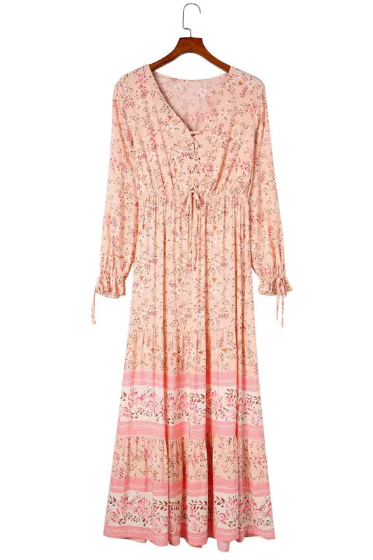 Orange drawstring lace-up v neck long sleeve floral maxi dress - dresses