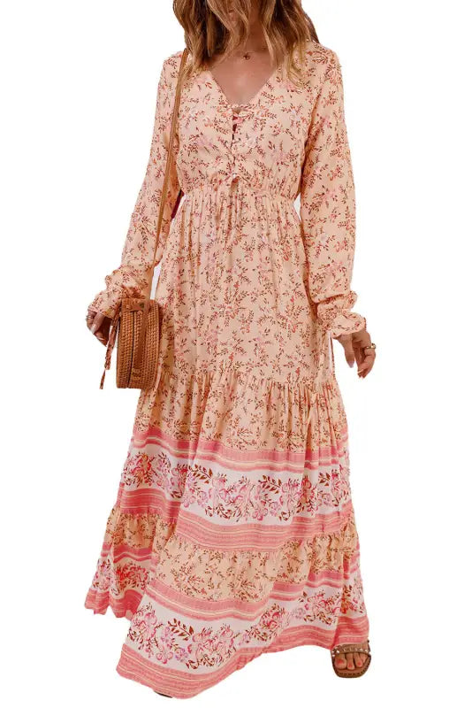 Orange drawstring lace-up v neck long sleeve floral maxi dress - dresses